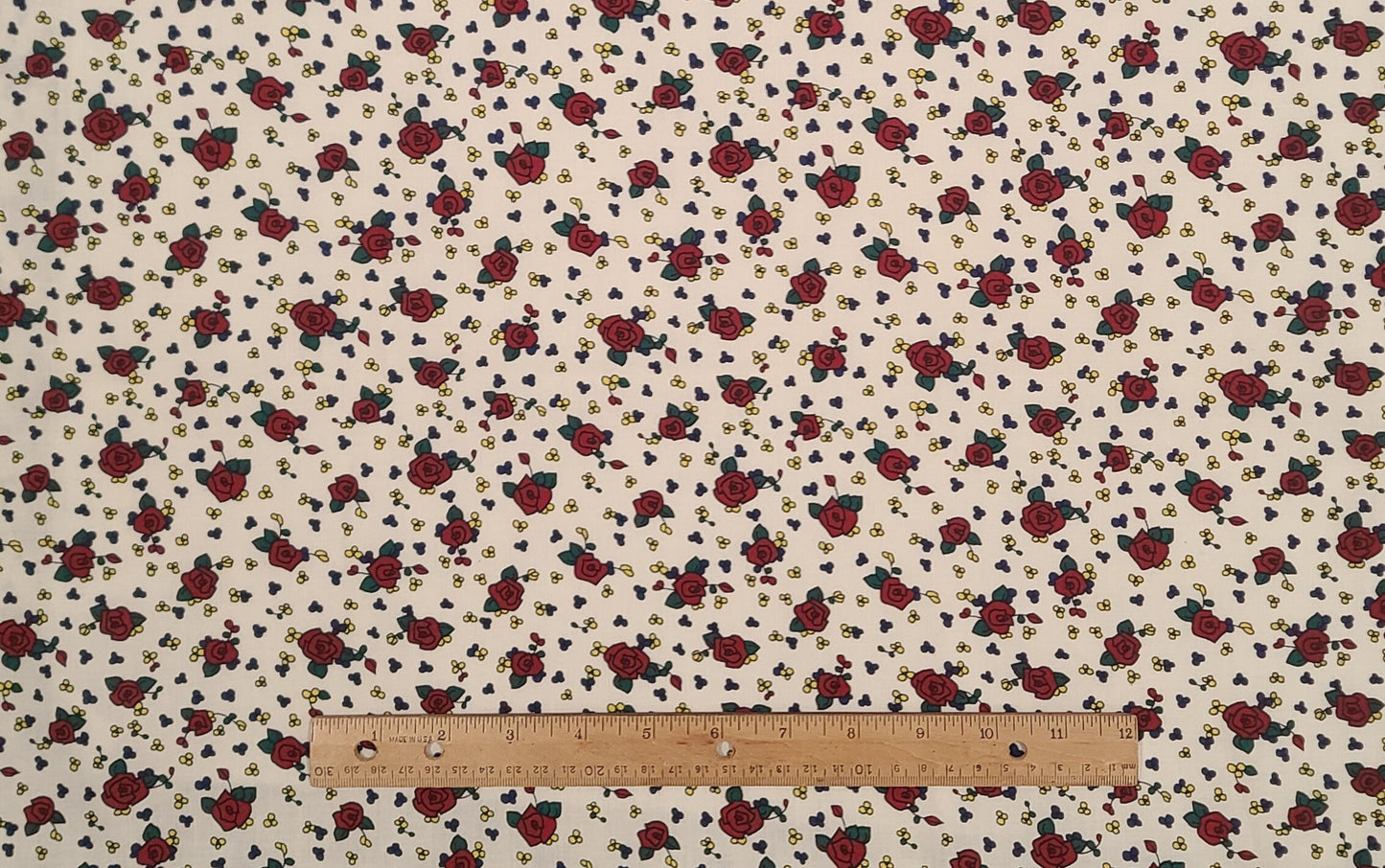 EOB - Soft White Fabric / Dark Red Cartoon Style Rose Pattern / Dark Blue and Yellow Flower Print - Selvage to Selvage Print