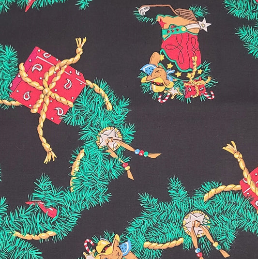 Christmas Corral Collection "Garland All Over" #9310 Designed by Maggie Raguse 1993 for Daisy Kingdom Inc - Black Fabric