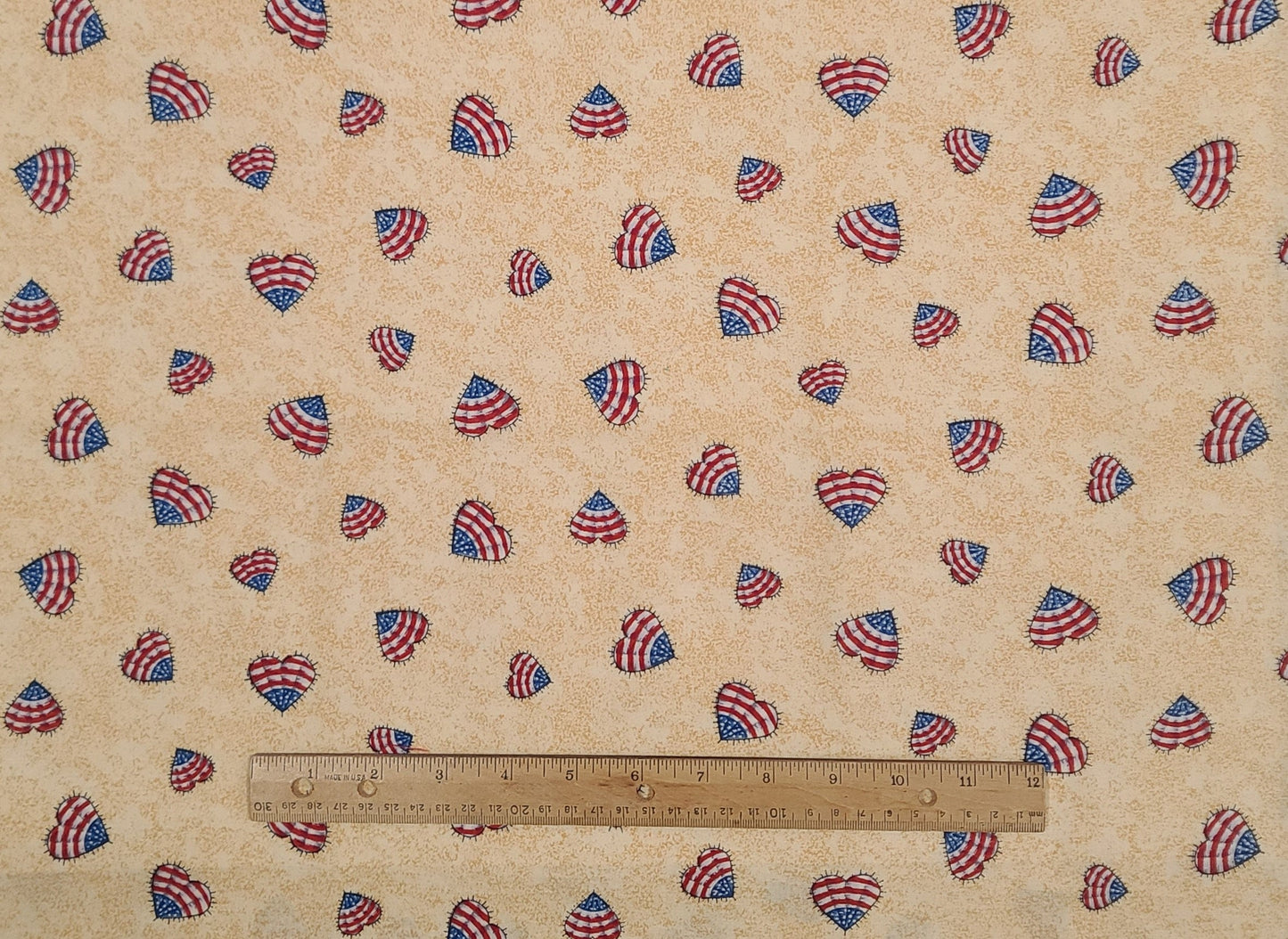 Wamsutta OTC - Pale Gold and Cream Tonal Fabric / American Flag Applique Style Hearts