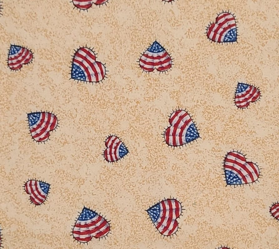 Wamsutta OTC - Pale Gold and Cream Tonal Fabric / American Flag Applique Style Hearts