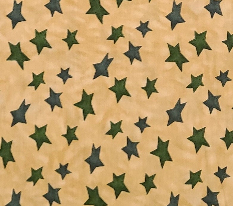 Moda Santa Clothes by Cynthia Young Hedgehog Productions - Gold Tonal Fabric / Dark Green Star Print