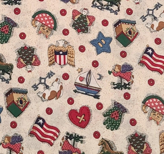 EOB - The Kesslers for Concord Fabrics Inc - White Fabric with Gold Speckled Background / Vintage Patriotic Americana Print