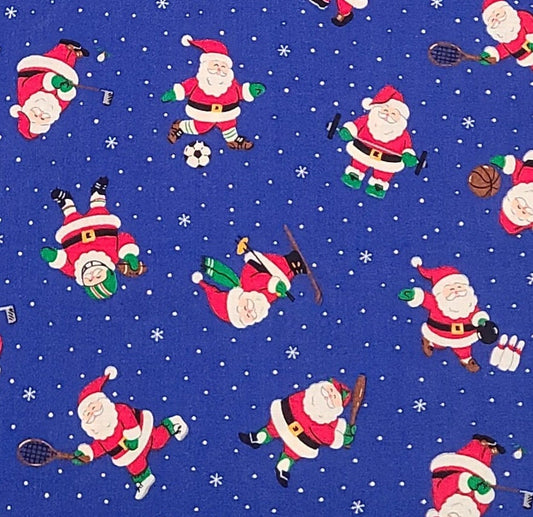 VIP Cranston Print Works - Royal Blue Fabric with White Dot and Snowflake Background / Santa Playing Sports