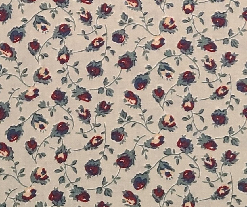 EOB - Blue Skies by Thimbleberries for RJR Fashion Fabrics - Pale Mint Fabric / Dark Red and Dark Mint Vintage Flower and Vine Pattern