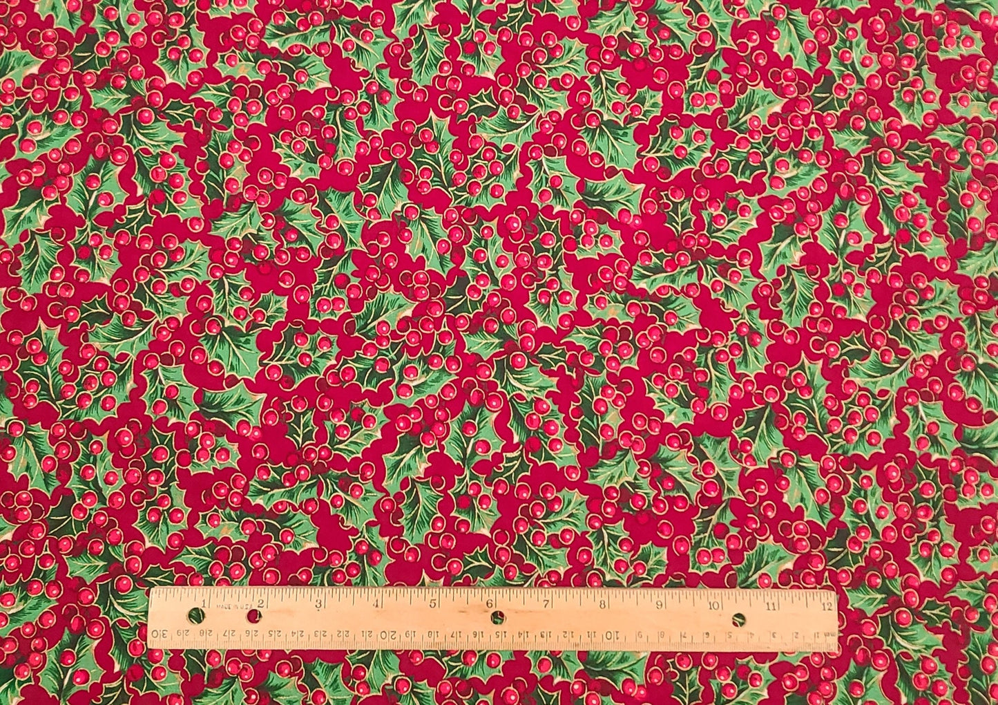 EOB - VIP Cranston Print Works - Dark Red Fabric / Green Holly Leaf and Red Berry Print / Gold Metallic Accents