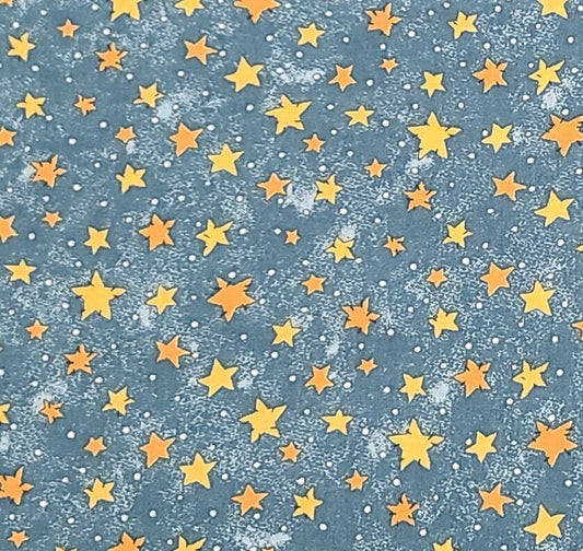 Country Blue Tonal Fabric with White Pindot Background - Light and Dark Gold Stars with Black "Blanket" Stitch - Selvage to Selvage Print