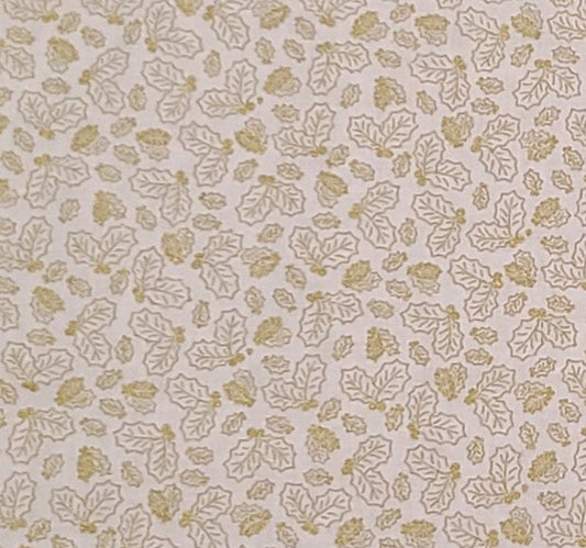 EOB - Soft White Fabric / Gold Metallic Holly Leaf Pattern - Selvage to Selvage Print