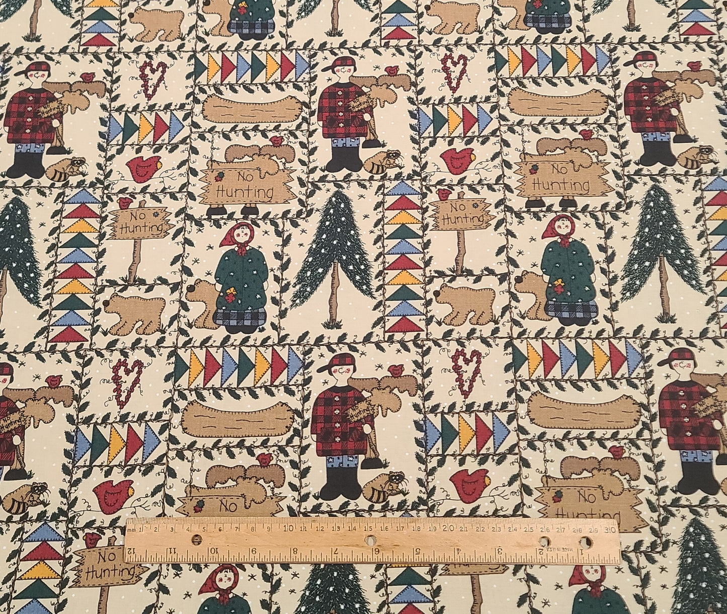 Tan Fabric with White Pindot Background / Northwoods Cartoon-Style Print "No Hunting", Canoe, Pine Tree, Bear - Selvage to Selvage Print