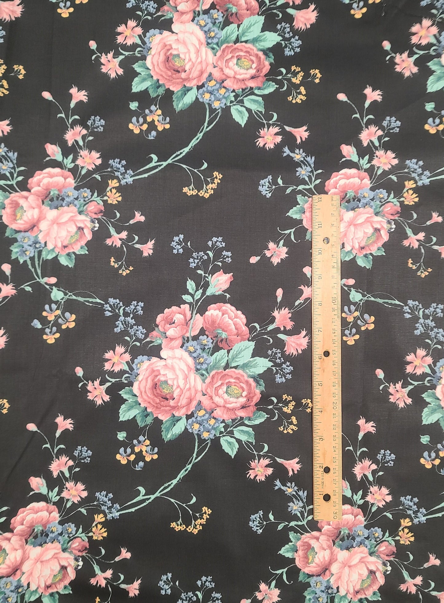 Black Polished Cotton 92" WIDE x 65" Fabric / Large Pink, White and Blue Floral Print / Mint and Sage Green Leaves