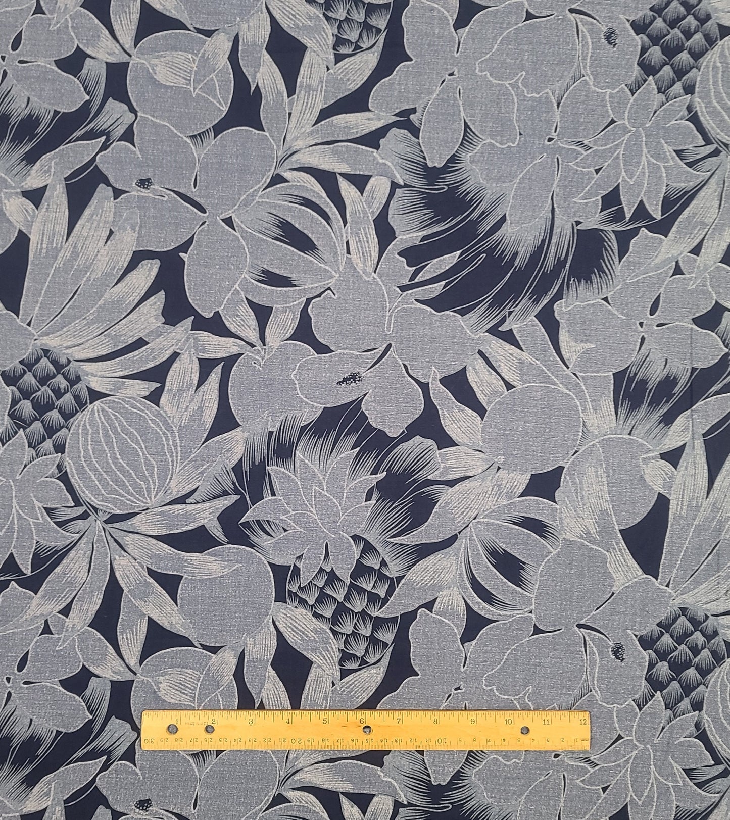 Cranston Print Works - Crantex Fabrics "USA" - Dark Blue Fabric / Light "Denim" Blue Giant Floral, Pineapple, Lemon Pattern