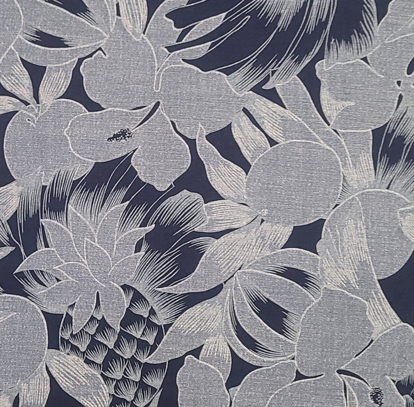 Cranston Print Works - Crantex Fabrics "USA" - Dark Blue Fabric / Light "Denim" Blue Giant Floral, Pineapple, Lemon Pattern