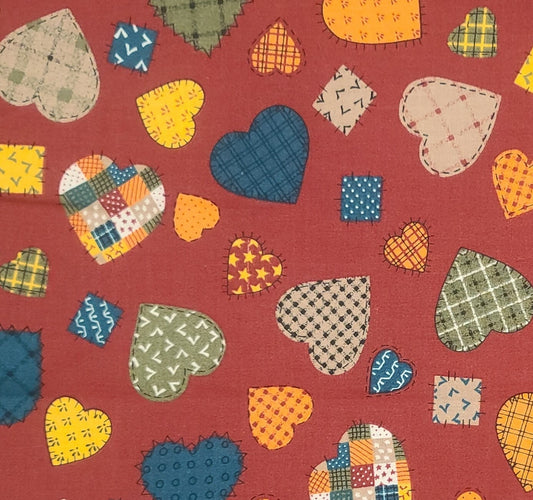 Fabric Traditions 1994 #5298 - Rust Fabric / "Applique" Patchwork Hearts and Blocks with "Blanket Stitch" Outline