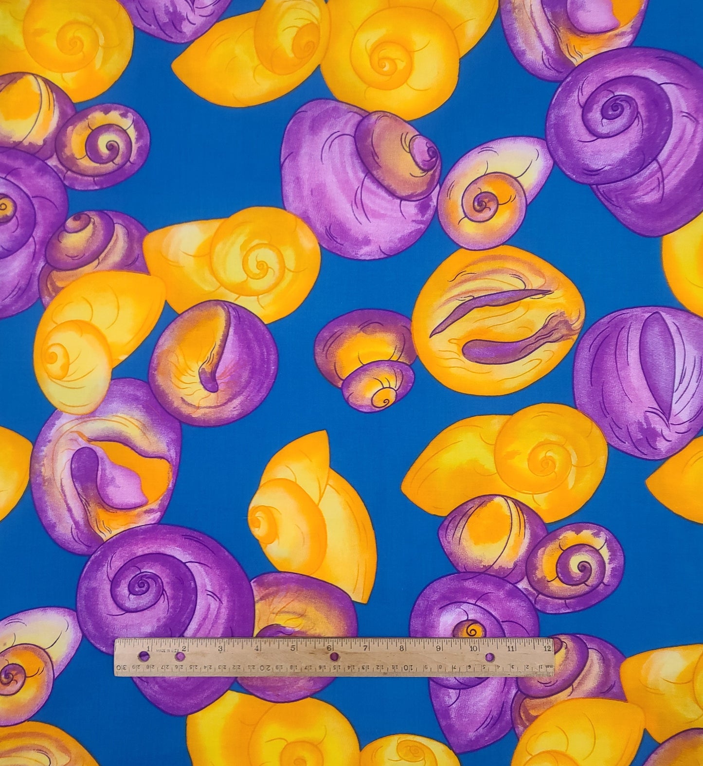 Bright Blue Fabric / Yellow, Gold, Bright Purple and Lavender Snail Shell Print - Selvage to Selvage Print