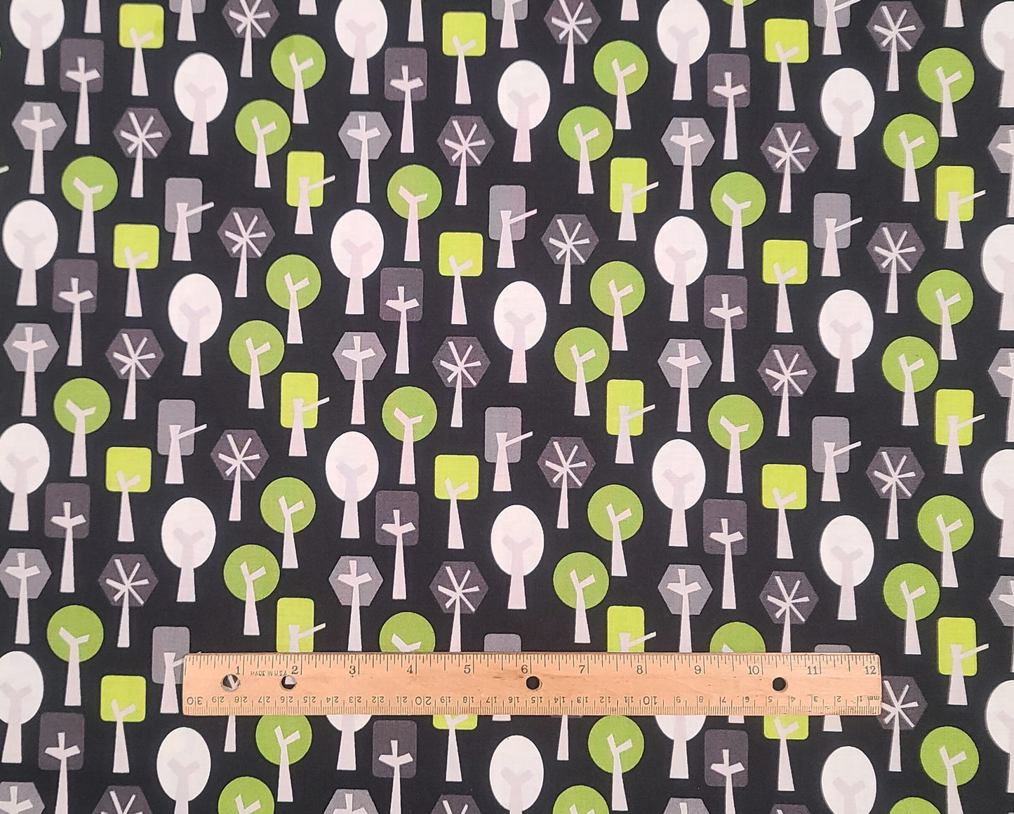 Created by Katie Hennagir for Andover Fabrics 2015 Patt 096 - Black Fabric / White, Charcoal, Gray and Lime Green Tree Print