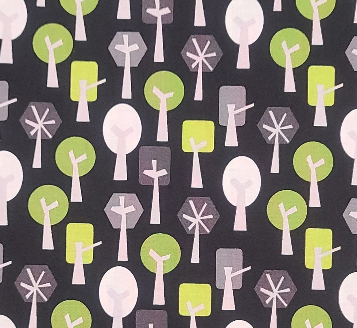 Created by Katie Hennagir for Andover Fabrics 2015 Patt 096 - Black Fabric / White, Charcoal, Gray and Lime Green Tree Print