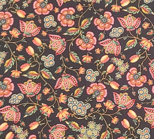 Black Fabric / Pink, Yellow, Blue, Green Flower Print