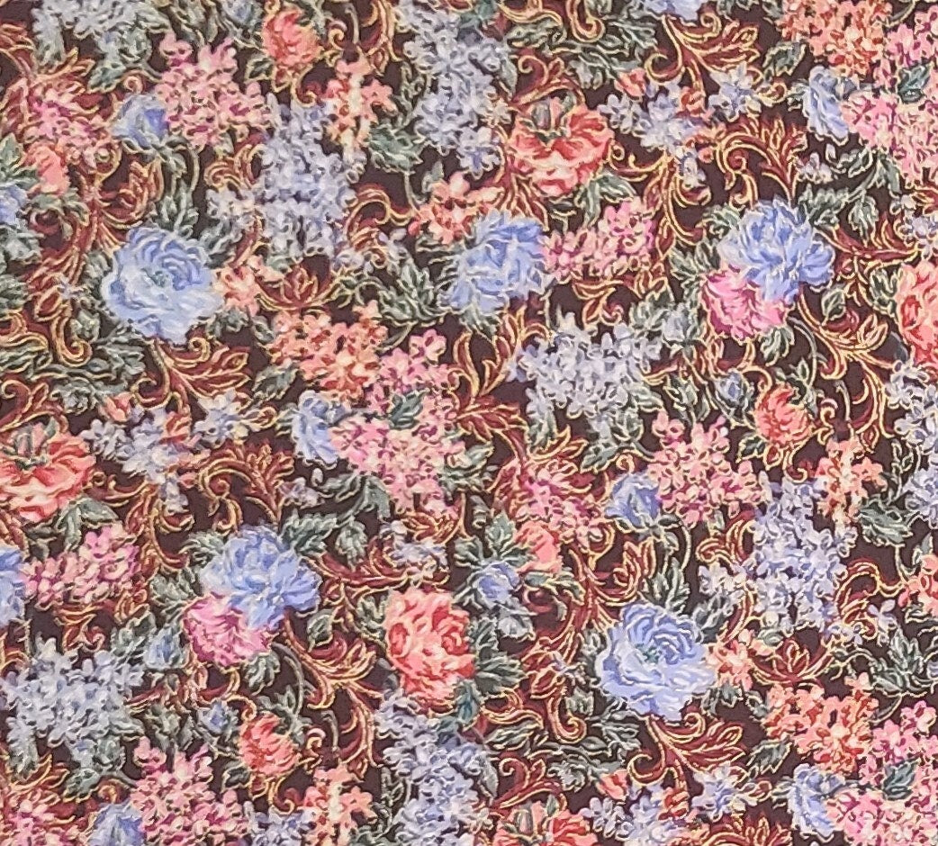 Peter Pan Fabrics - Dark Brown Fabric / Pale Blue, Pink and White Floral Pattern with Gold Metallic Accents