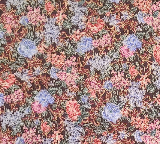 Peter Pan Fabrics - Dark Brown Fabric / Pale Blue, Pink and White Floral Pattern with Gold Metallic Accents