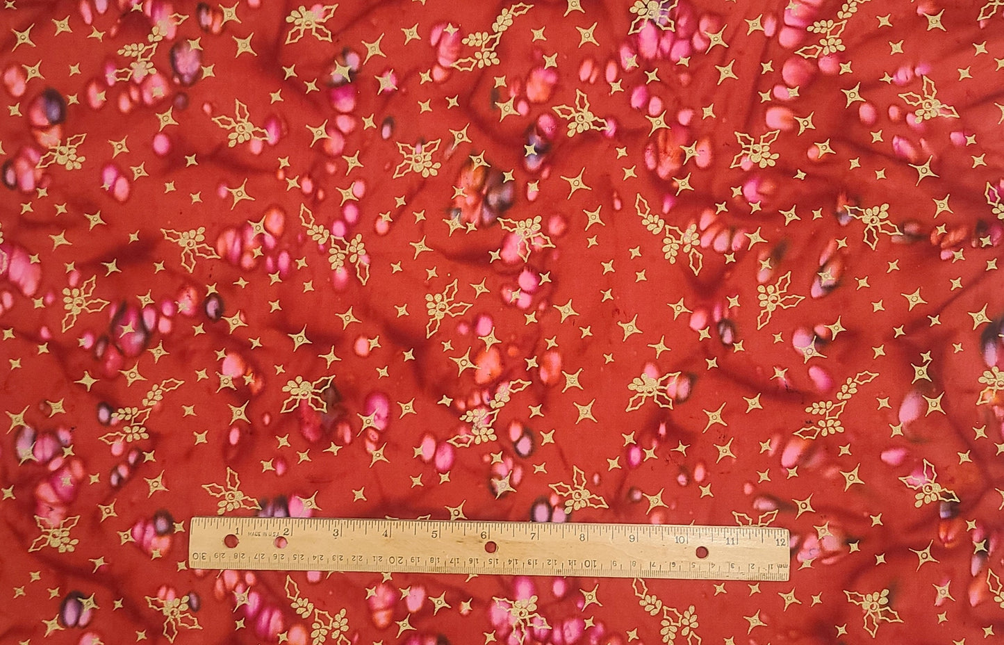 BATIK - Red, Pink Fabric / Gold Metallic Holly and Star Print