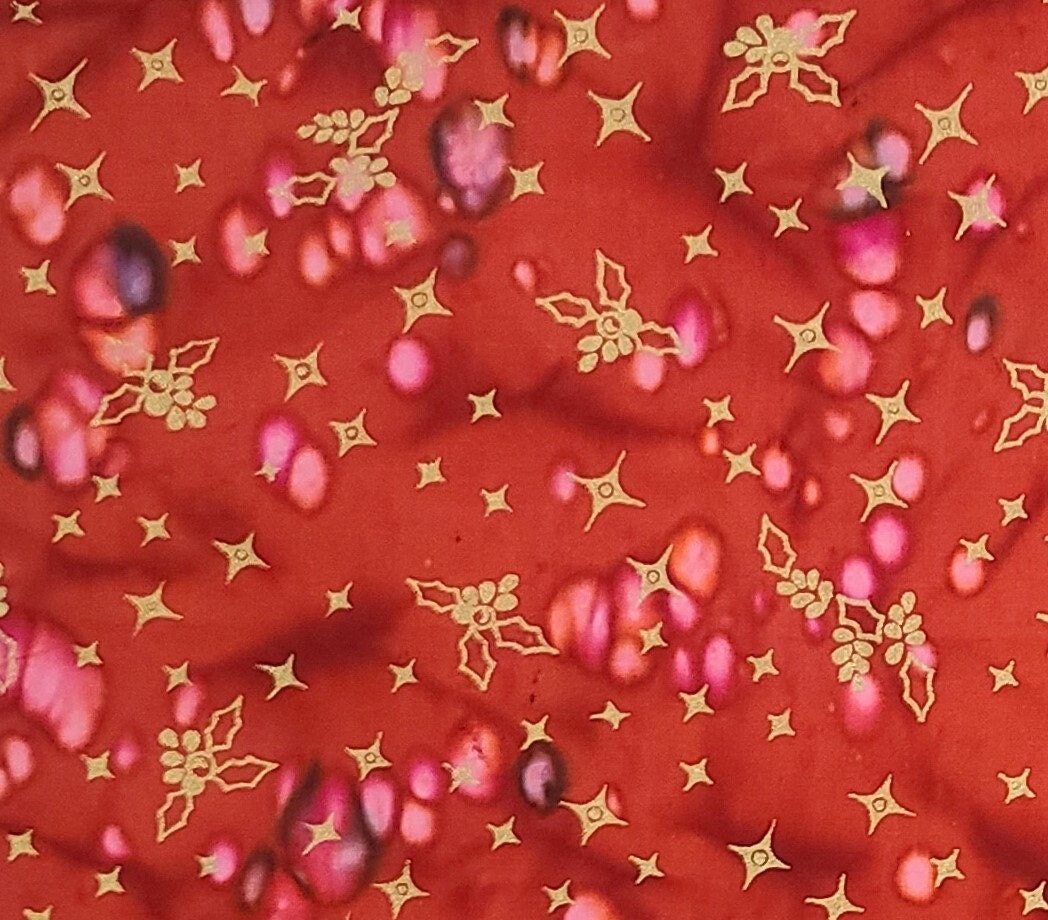 BATIK - Red, Pink Fabric / Gold Metallic Holly and Star Print