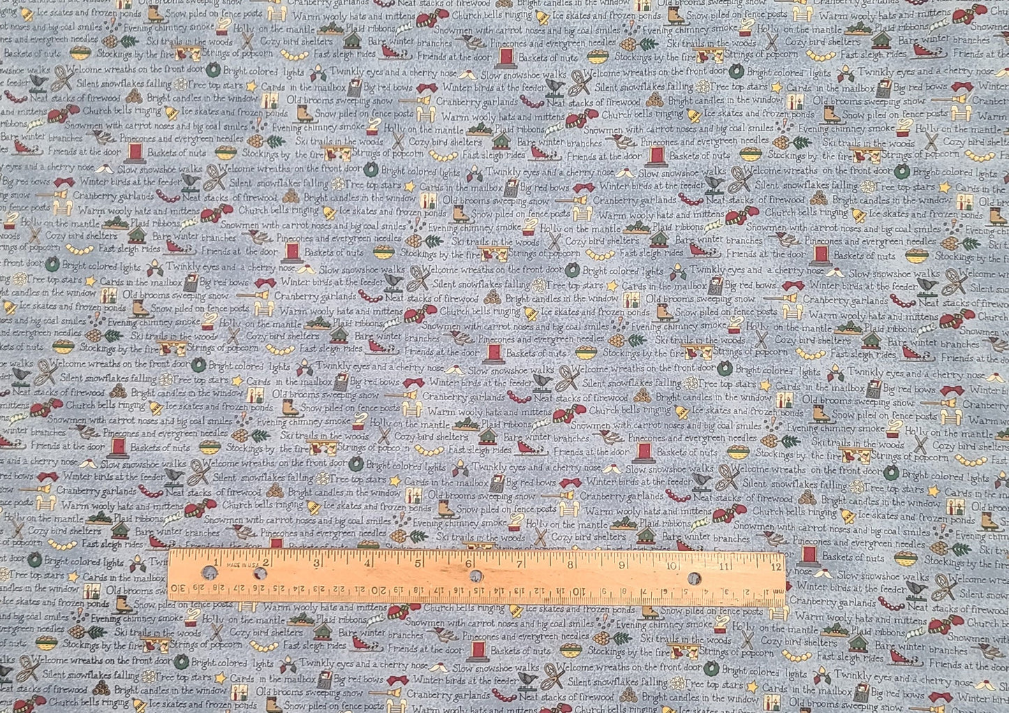 Woodland Christmas Mumm's the Word By Debbie Mumm-Light Blue Tonal Fabric/Script, Red, Green, Slate, Cranberry Hat, Gloves, Mittens Print