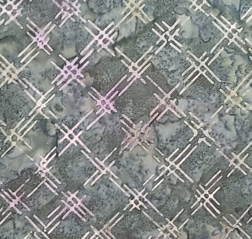 BATIK - Dark Green Tonal Fabric / White and Light Green Crosshatch Pattern with Hints of Lavender