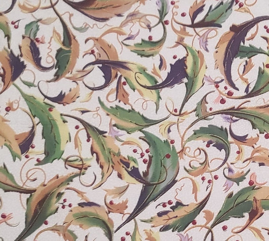 White Pindot Fabric / Green, Brown, Purple, Leaf and Dark Red Berry Print