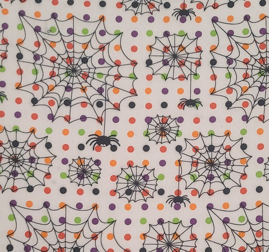 EOB - JoAnn Fabric & Craft - White Fabric / Orange, Purple, Bright Green Polka Dot Pattern / Cartoon-Style, Black Spider Web Print