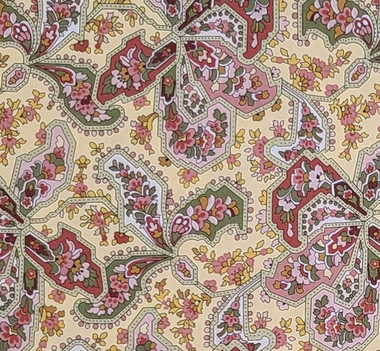 Cottage Rose A Stonehill Collection by Donna Wilder for Fabric Traditions 2010 - Pale Yellow Fabric/Mauve, Olive, Pink, White Floral Pattern