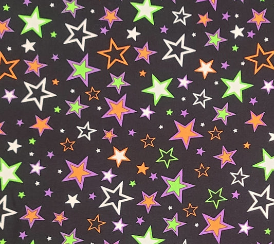 Faboolous Fun by Greta Lynn Kanvas Studios Benartex #Charmed Stars-GL8981 - Black Fabric / Highlighter Orange, Green, Purple, White Stars