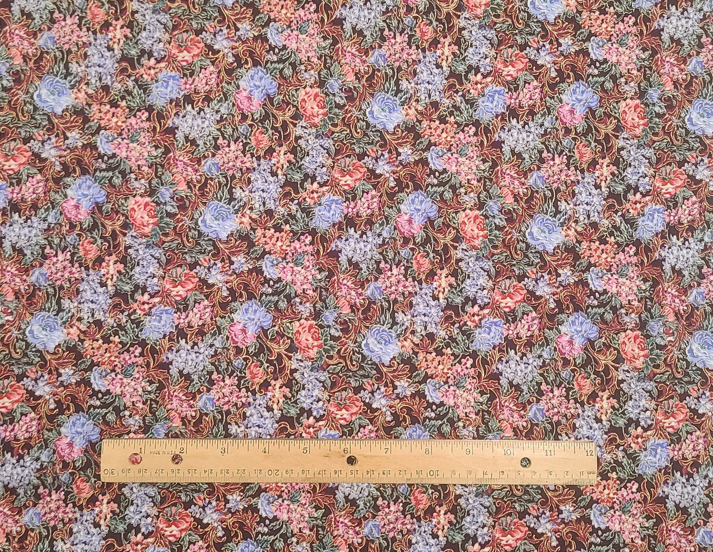 Peter Pan Fabrics - Dark Brown Fabric / Pale Blue, Pink and White Floral Pattern with Gold Metallic Accents