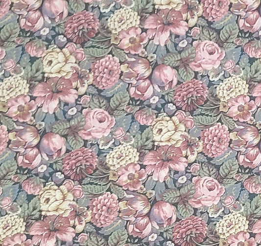 Ozark Calico by Fabri-Quilt, Inc. - Dark Hunter Green Fabric / Pink, White and Gold Floral Print