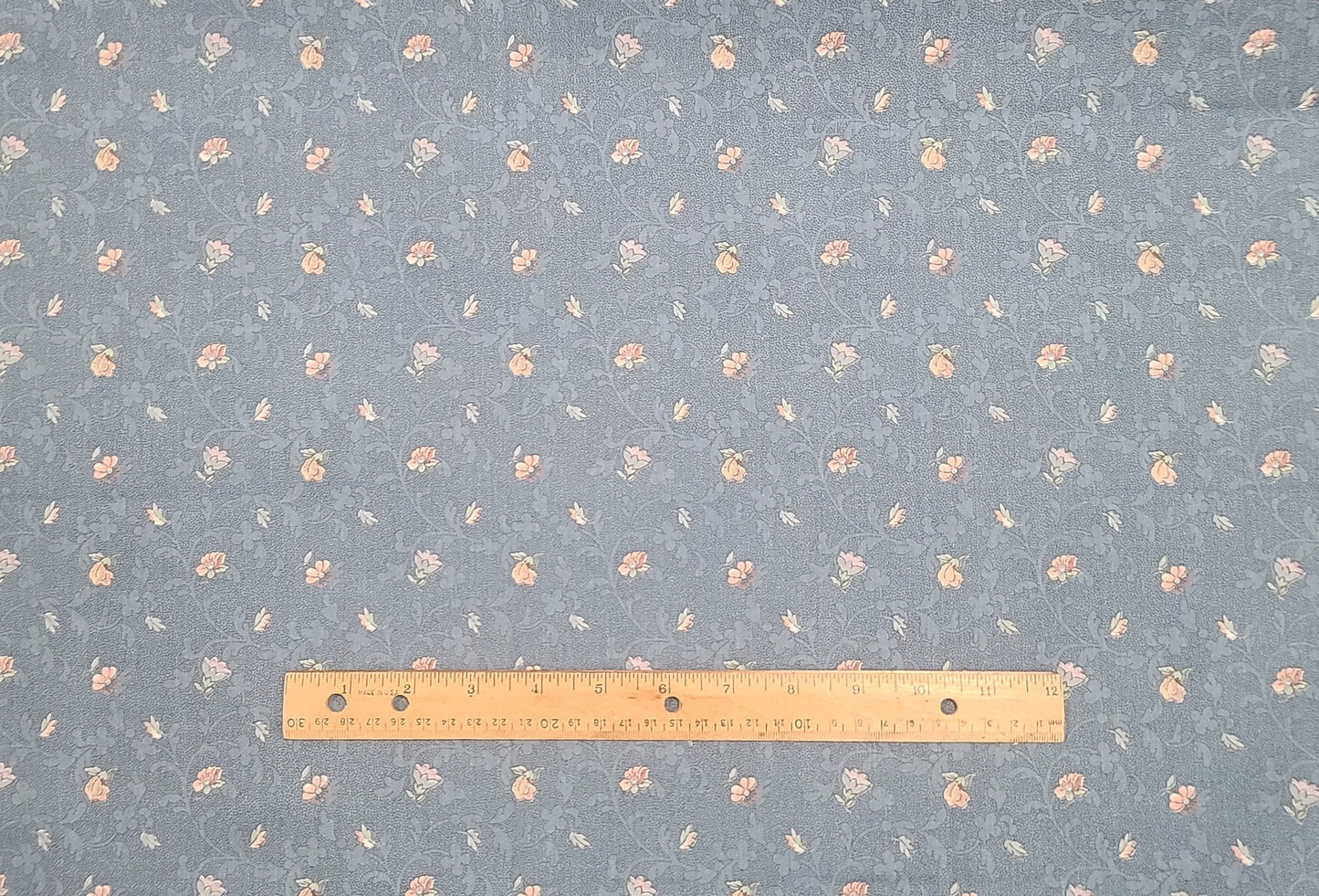 House 'n Home Fabrics & Draperies, Inc 1988 - 58" WIDE Fabric - Medium Slate Blue Fabric / Pale Pink, Blue and Tan Scattered Flower Print