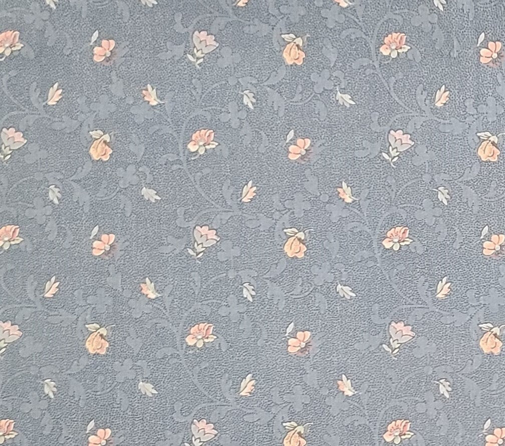 House 'n Home Fabrics & Draperies, Inc 1988 - 58" WIDE Fabric - Medium Slate Blue Fabric / Pale Pink, Blue and Tan Scattered Flower Print