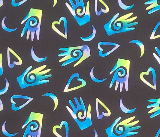 Patrick Lose for Timeless Treasures Fabrics 2001 PAT-C3670 - Black Fabric / Bright Blue, Lime Green, Lavender Tie Dye Hand and Heart Print