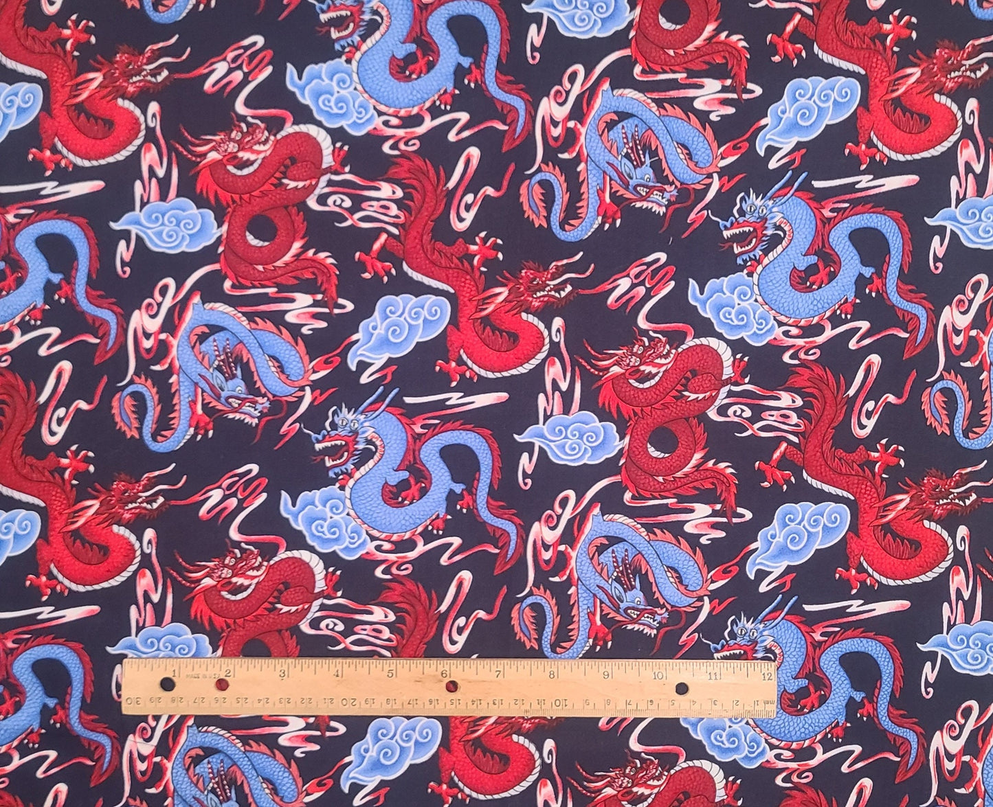 Headgear by Fabri-Quilts, Inc. Design #9206 - Midnight Blue Fabric / Dark Red, Medium Blue Dragon Print