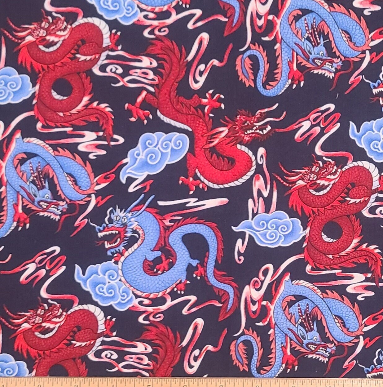 Headgear by Fabri-Quilts, Inc. Design #9206 - Midnight Blue Fabric / Dark Red, Medium Blue Dragon Print