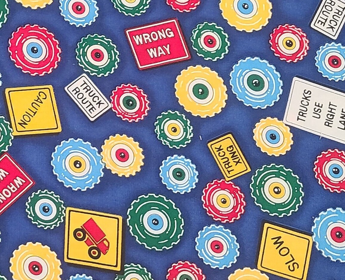 Robert Kaufman Co Inc D#EX1812 - 56" WIDE Blue Fabric / Red, Blue, Yellow, Green Construction Signs and Gears Pattern