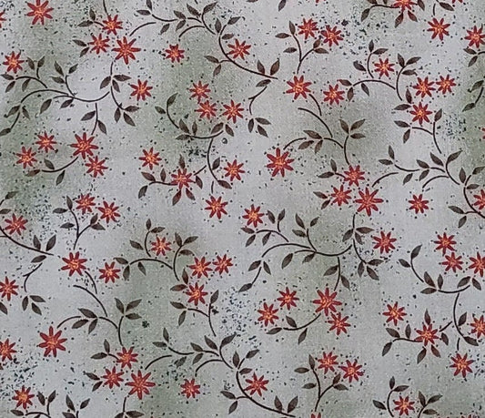 EOB - Lynda S Milligan for Henry Glass & Co - Blue/Green Tonal Fabric / Orange, Burnt Orange and Olive Flower and Vine Print