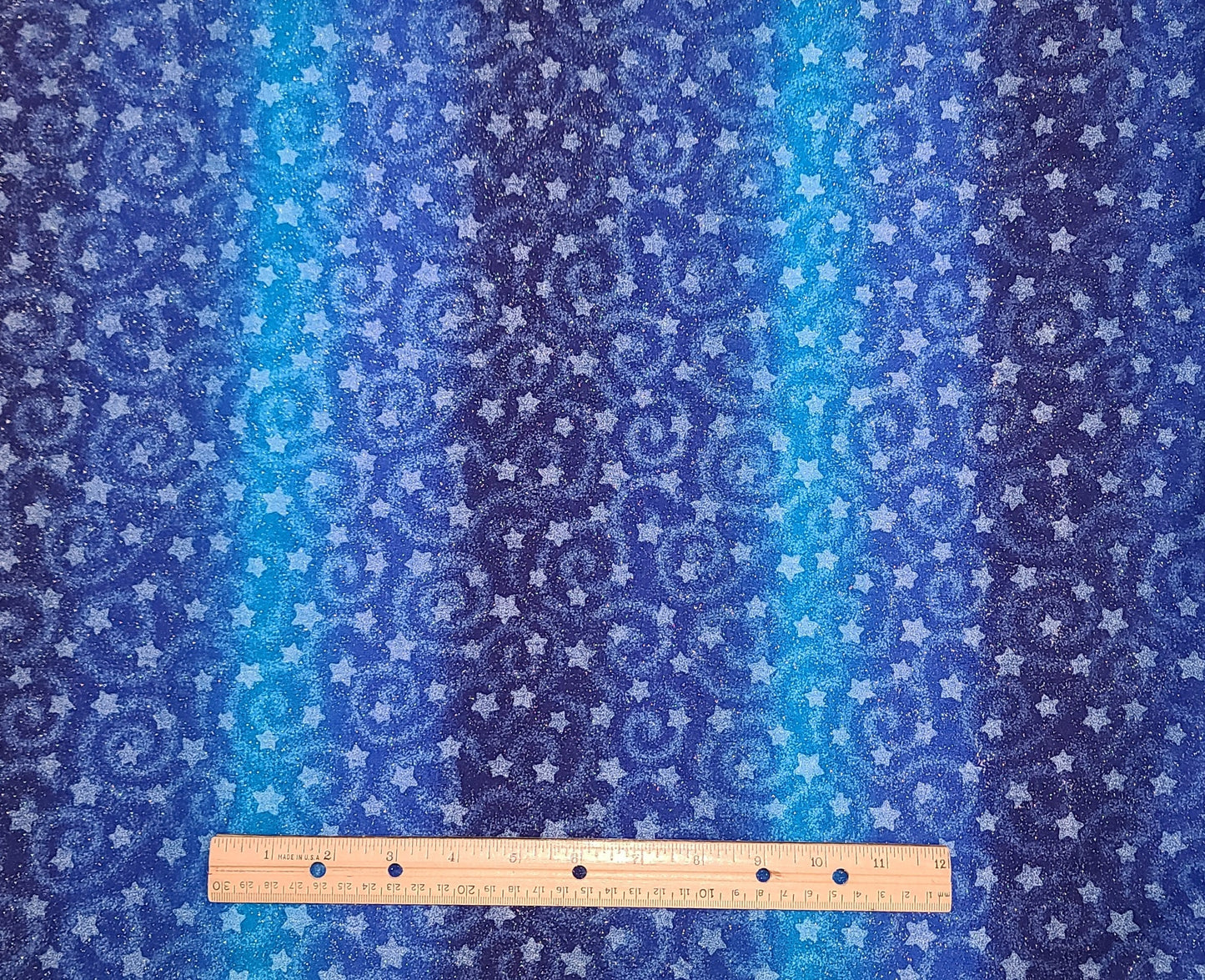 Fabric Traditions 1997 - Dark Blue and Royal Blue Tonal Stripe Fabric / "Sponged" Star and Swirl Pattern / Silver Overall Glitter Frost