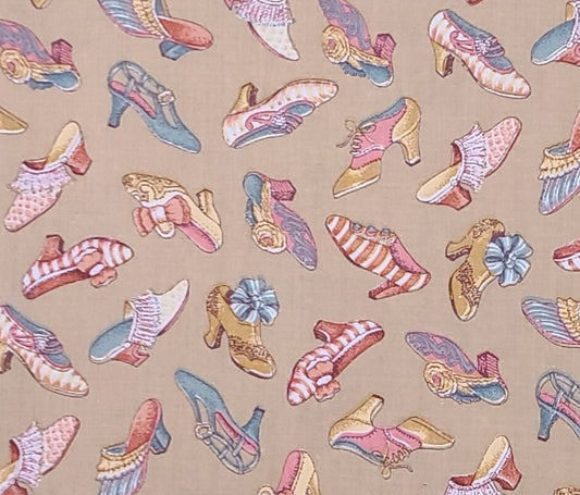 Concord Fabrics Inc by Sharon Kessler - Dark Tan Fabric / Dark Aqua, Dusty Pink and White Vintage Shoe Print