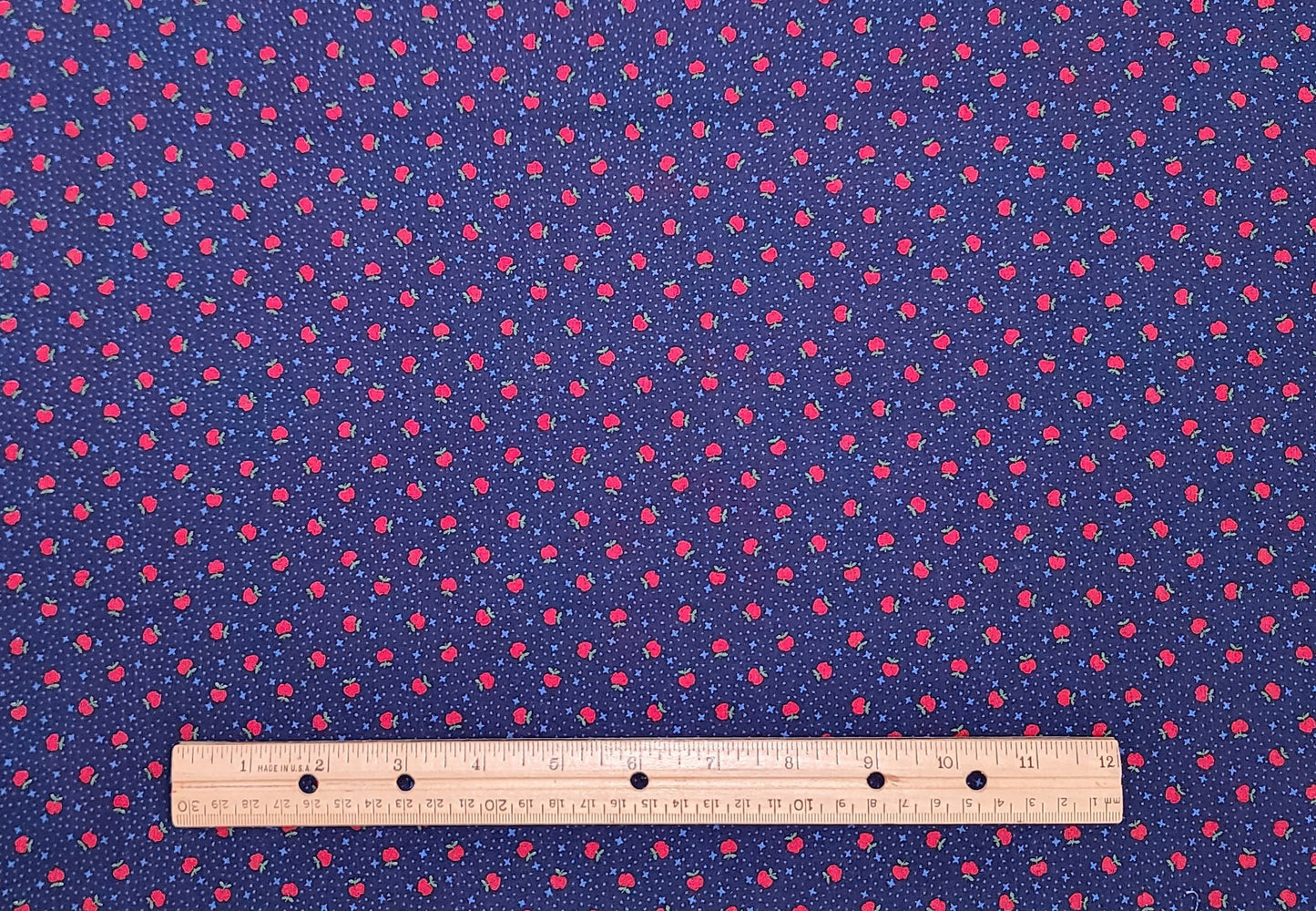 VIP Cranston Print Works - Dark Blue Fabric / Light Blue Star and Dot Background / Tiny Red Apple Print