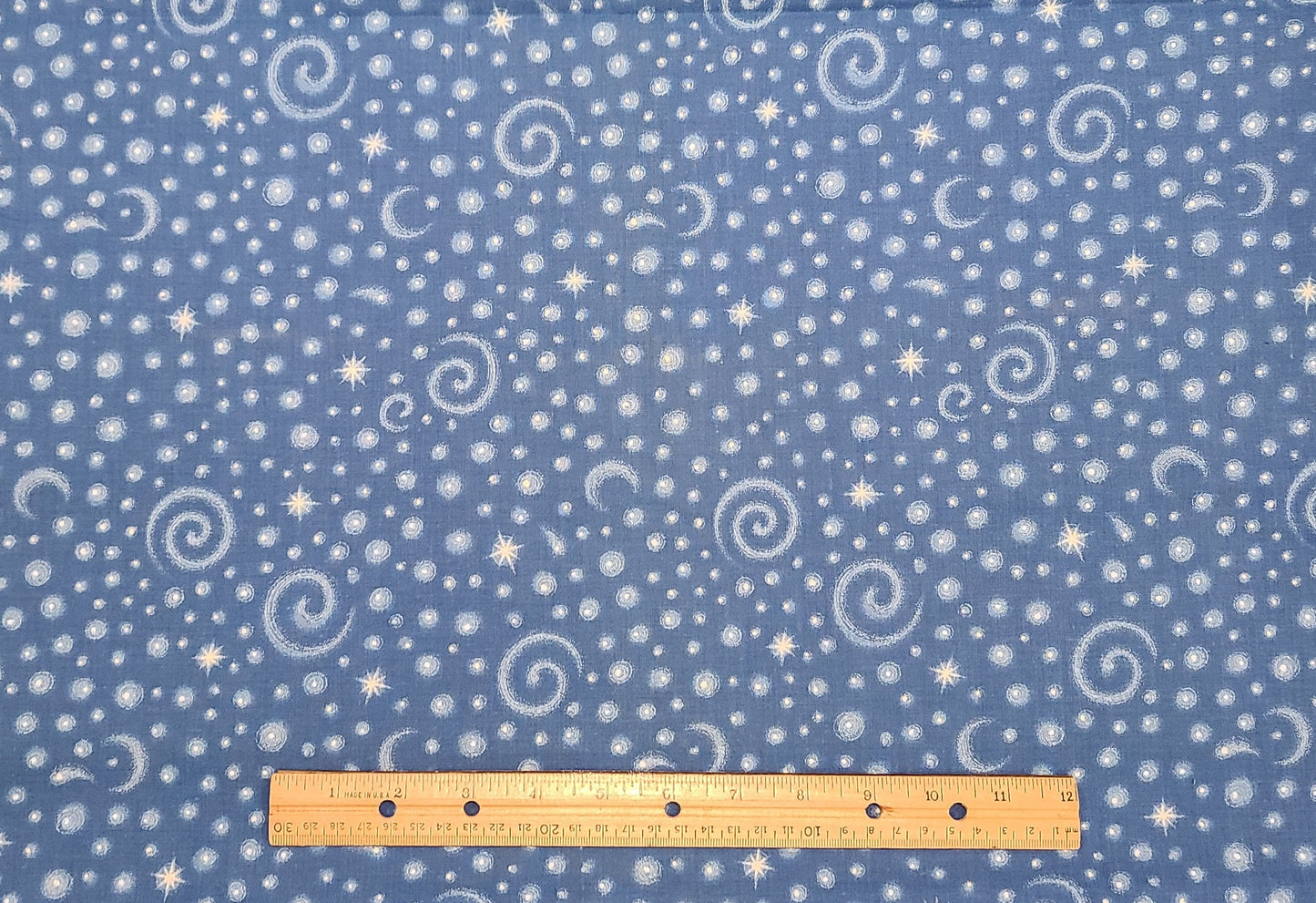 VIP Cranston Print Works - Medium Blue Fabric / White Star and Swirl Pattern