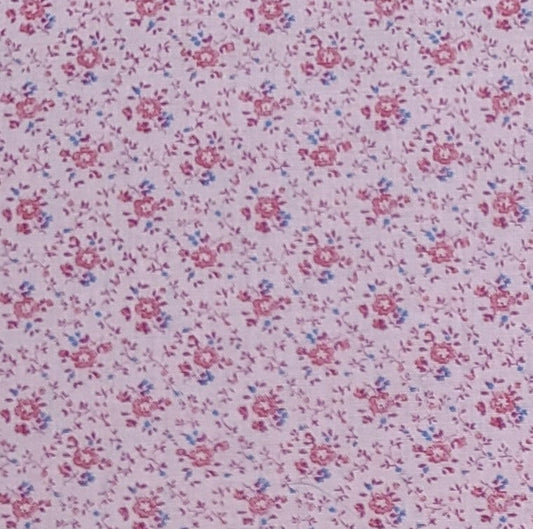 Vintage Light Pink Fabric / Dark Pink and Blue Flower Print - Selvage to Selvage Print