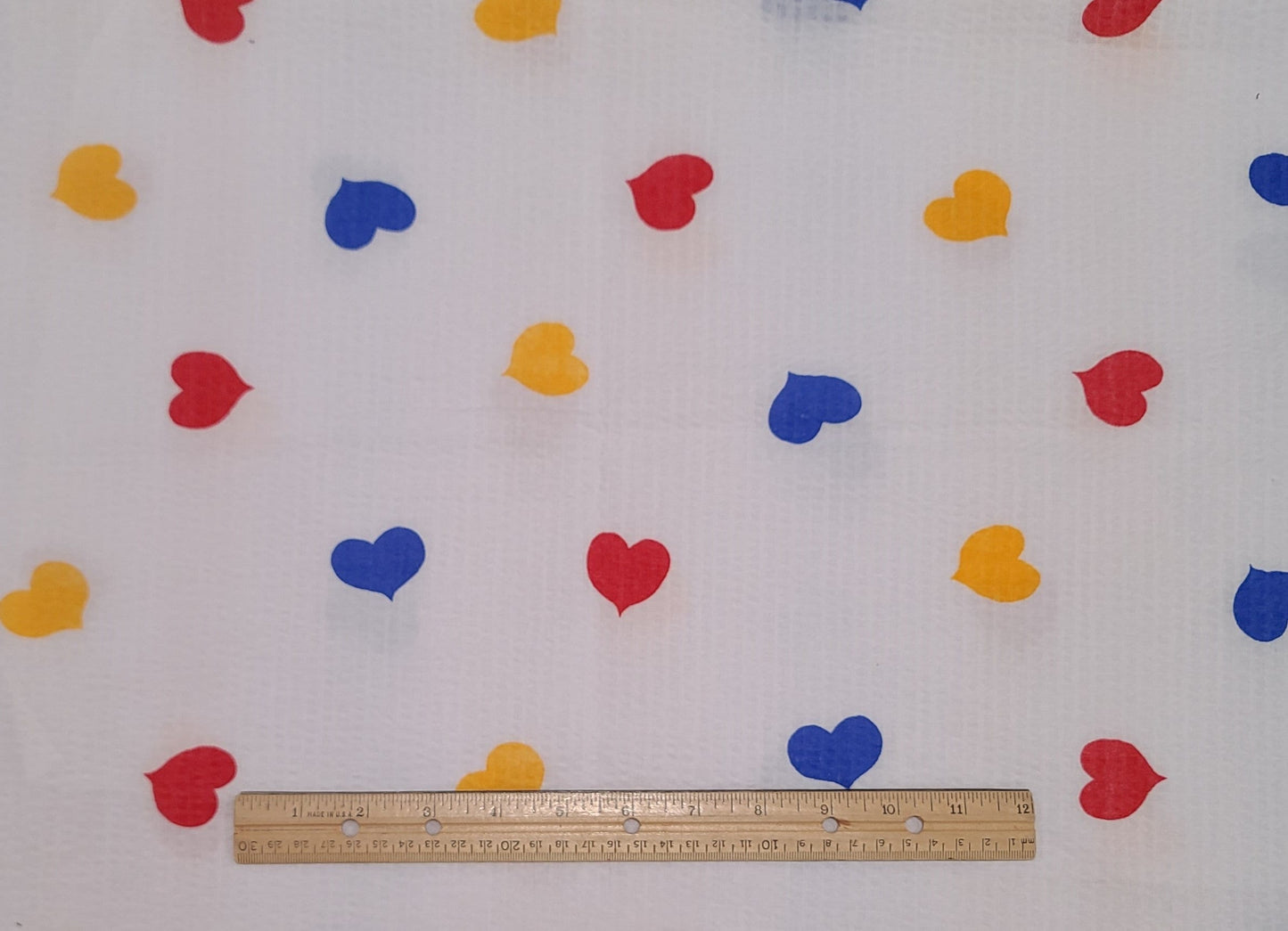 Crinkle Cotton - White Fabric / Primary Colored Heart Print