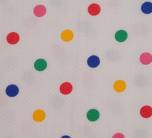 Crinkle Cotton - White Fabric / Red, Blue, Green, Yellow and Pink Large Dot Pattern