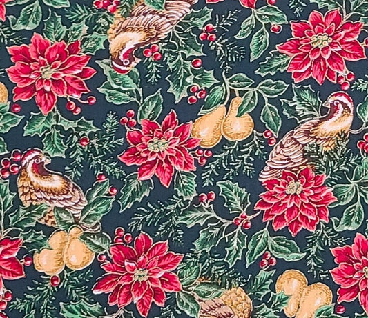 EOB - VIP Cranston Print Works Co - Dark Green Fabric / Poinsettia, Holly & Berry, Gold Pear and Patridge Print - Gold Metallic Accents