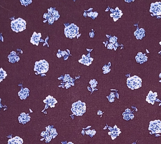 Challis 60" WIDE Fabric - Dark Espresso Brown / Blue Flower Print