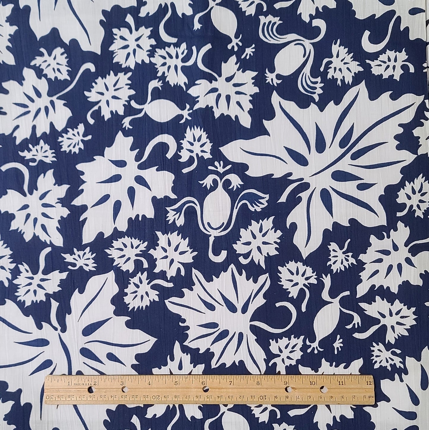 Vintage 34" WIDE Textured Cotton - Navy Fabric / White Leaf Print - Selvage to Selvage Print