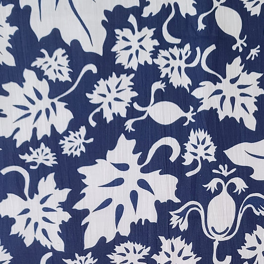 Vintage 34" WIDE Textured Cotton - Navy Fabric / White Leaf Print - Selvage to Selvage Print